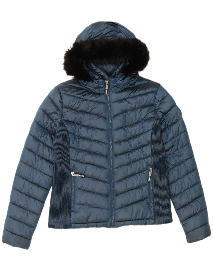 SUPERDRY Womens Hooded Padded Jacket UK 16 Large  Navy Blue Nylon