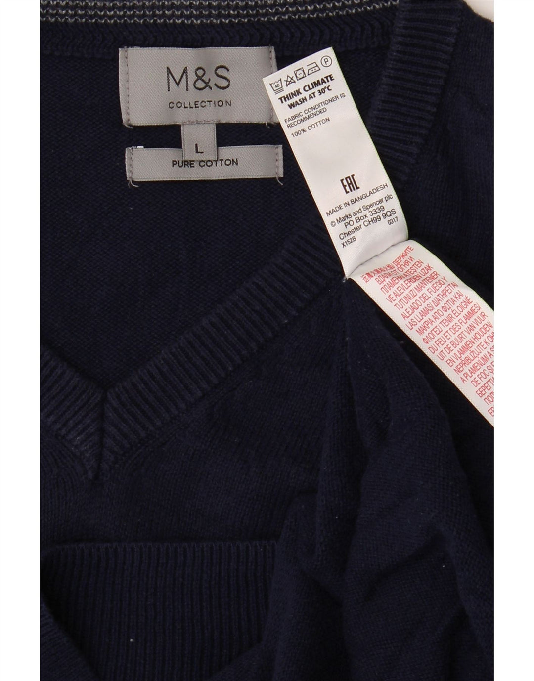 Marks & Spencer Herren-Pullover mit V-Ausschnitt, groß, marineblaue Baumwolle