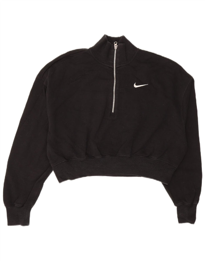 NIKE Damen Crop Zip Neck Sweatshirt Pullover UK 14 Mittelschwarze Baumwolle