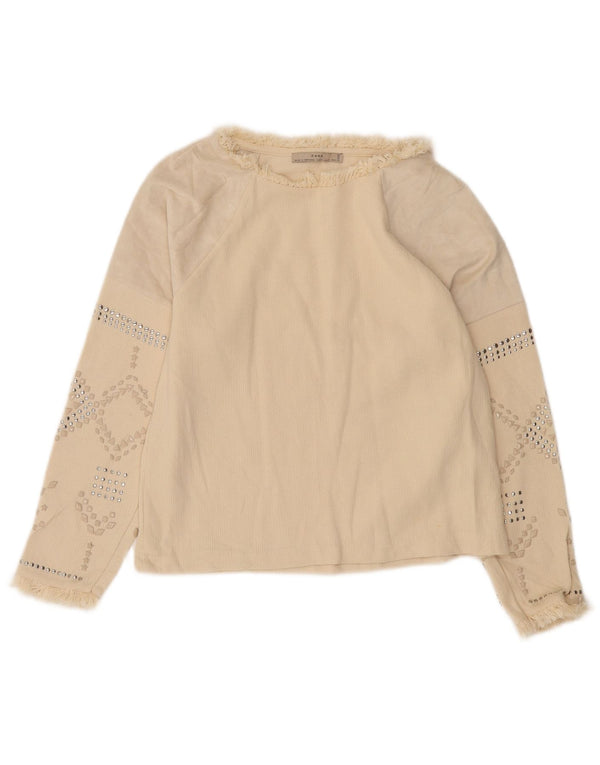 Zara Damen Langarmblusenoberteil UK 10 Small Off White Geometrische Baumwolle