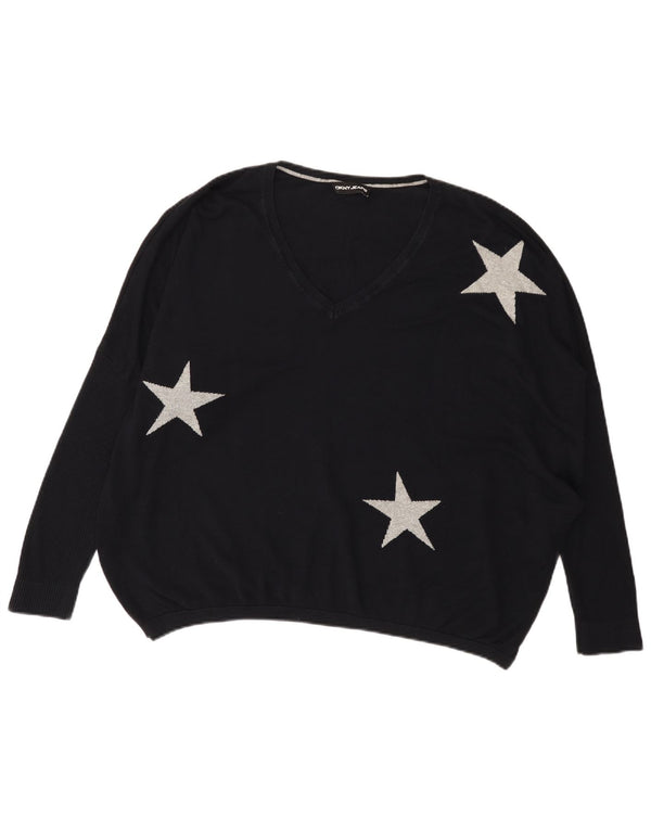 Dkny Damen-Pullover mit Grafik, übergroß, V-Ausschnitt, Gr. 14, Schwarz