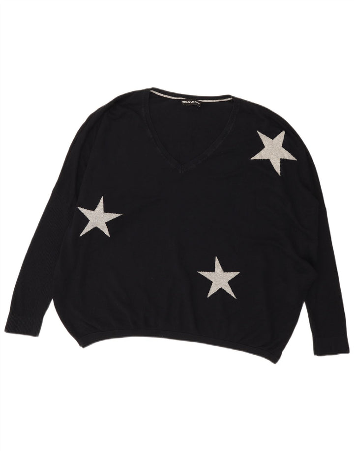 Dkny Damen-Pullover mit Grafik, übergroß, V-Ausschnitt, Gr. 14, Schwarz
