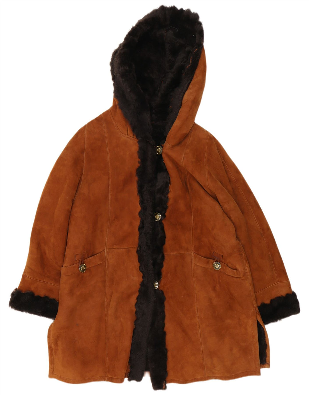 VINTAGE Übergroßer Shearling-Mantel für Damen mit Kapuze, UK 18 XL, Braun