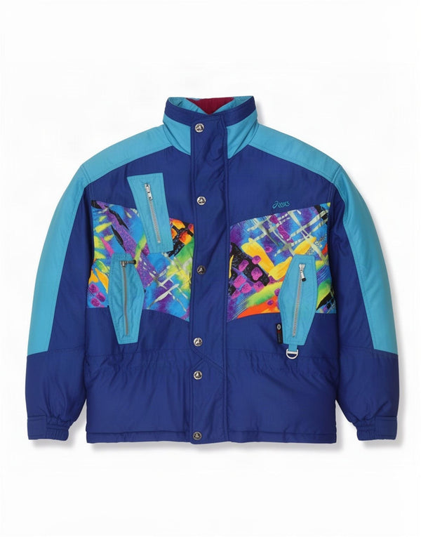 Asics Mens Hooded Loose Fit Ski Jacket UK 38 Medium Blue Colourblock Nylon