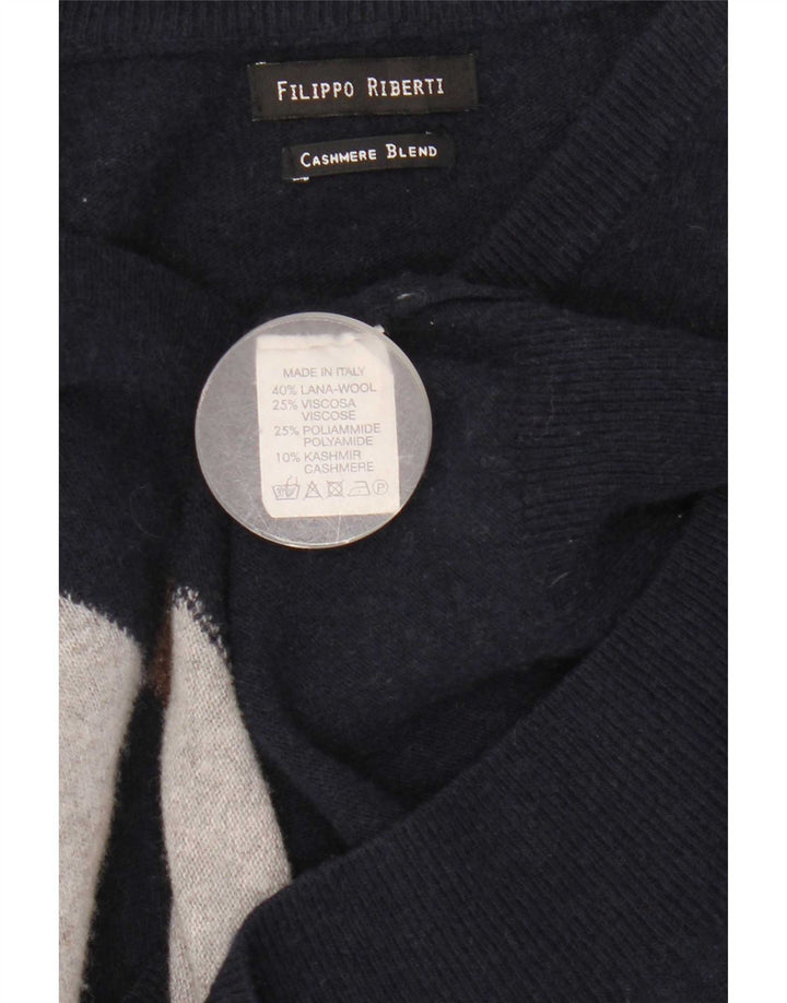 Filippo Riberti Herren-Pullover mit V-Ausschnitt, Größe S, Marineblau, Argyle/Diamant