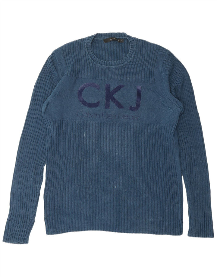 CALVIN KLEIN JEANS Herren Pullover mit grafischem Rundhalsausschnitt, Größe L, Blau
