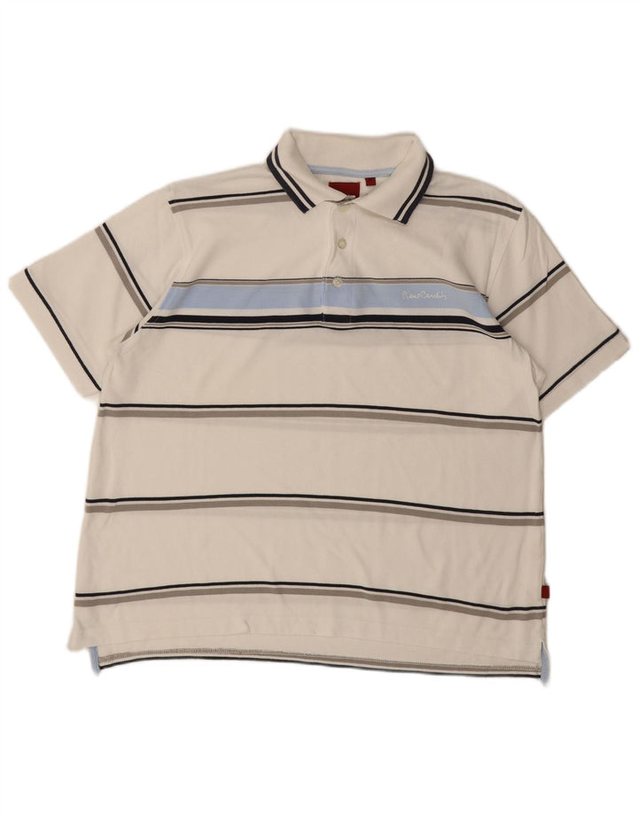 PIERRE CARDIN Mens Polo Shirt Medium White Striped Cotton