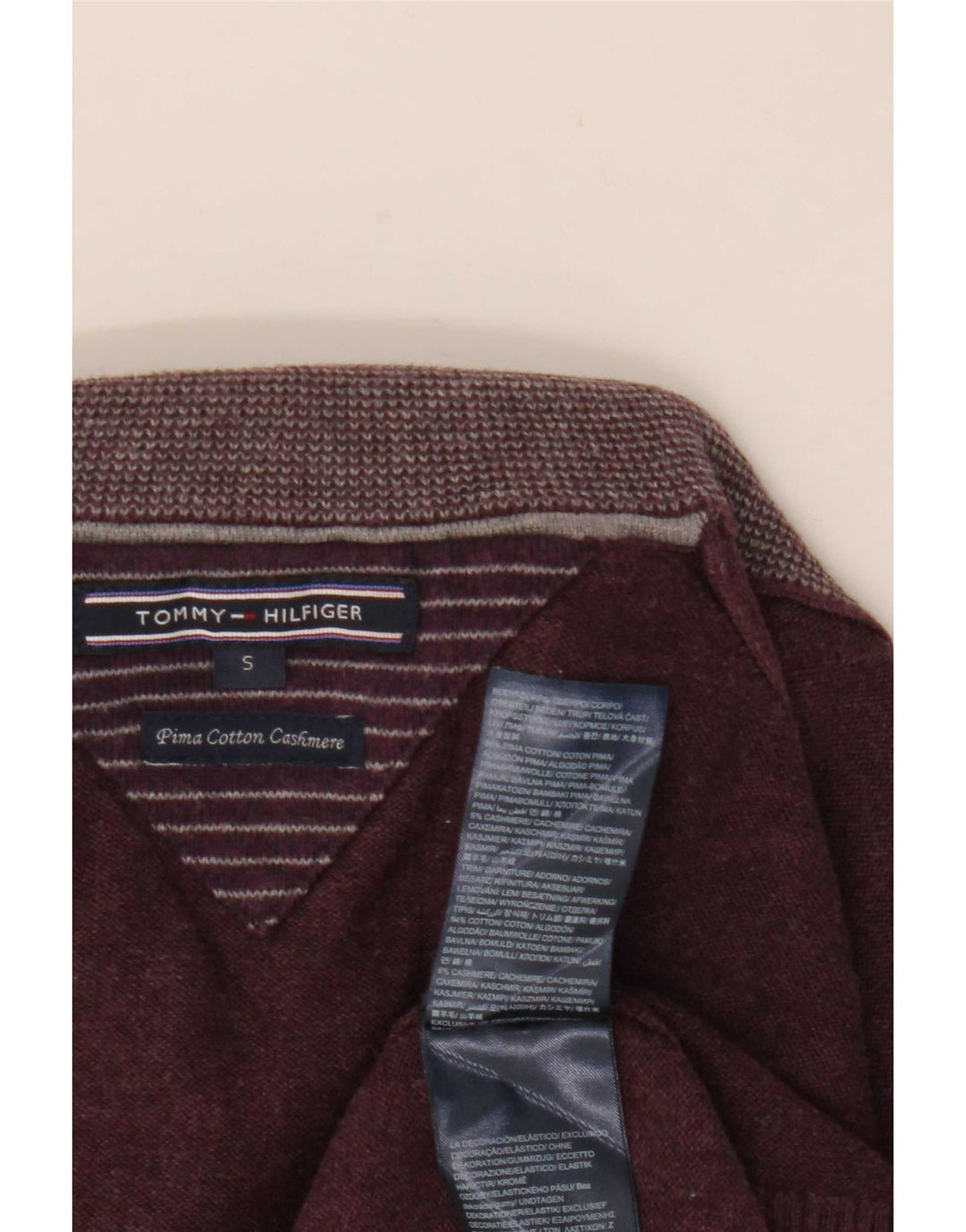 Tommy Hilfiger Herren-Pullover mit Knopfkragen, Größe S, burgunderfarbene Baumwolle