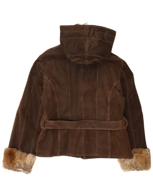 Vintage Damen Lederjacke mit Kapuze IT 48 XL Braunes Leder