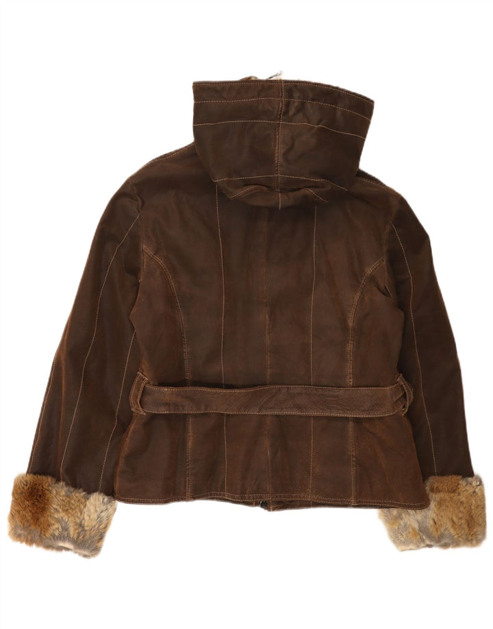 Vintage Damen Lederjacke mit Kapuze IT 48 XL Braunes Leder