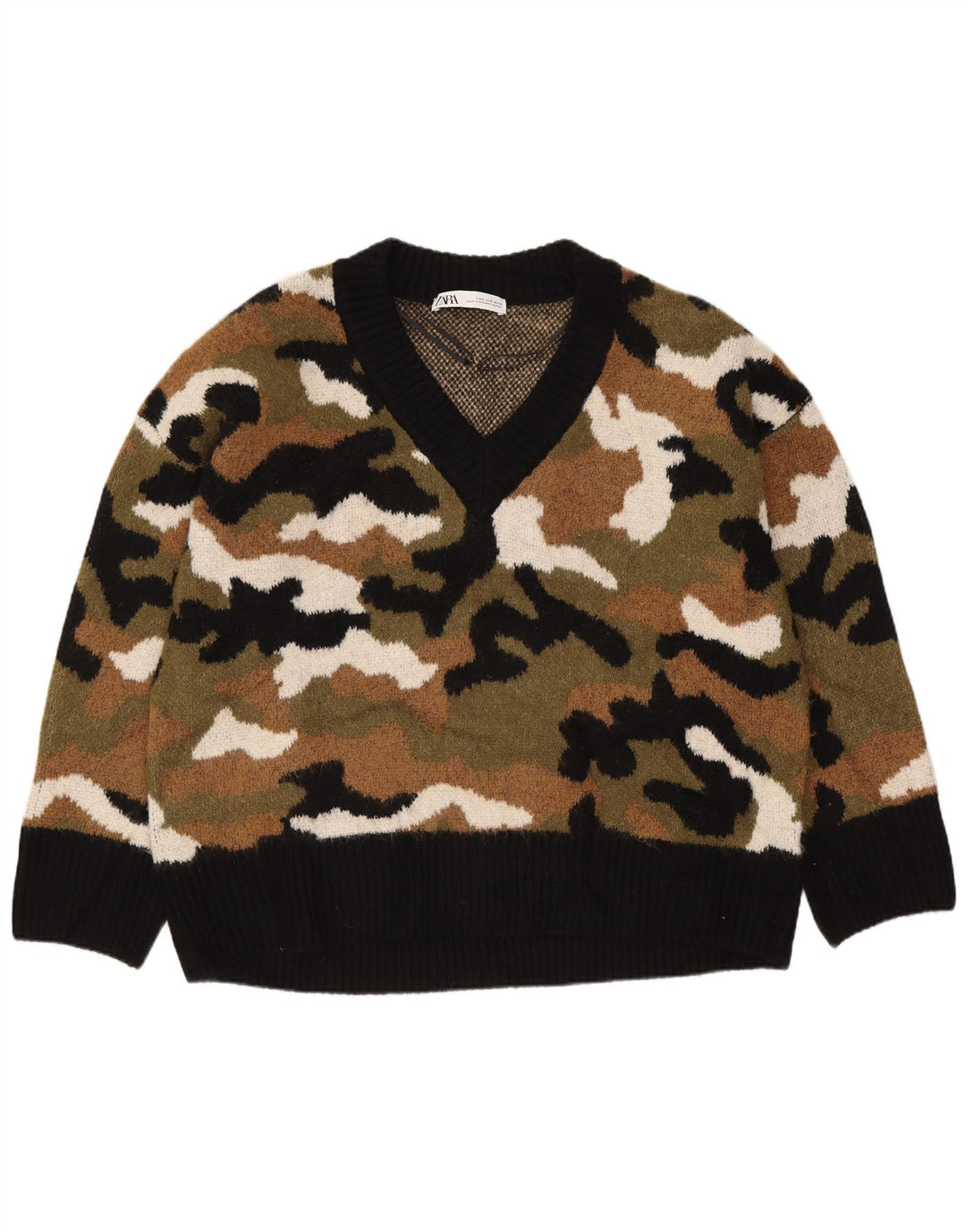 Zara Damen-Pullover mit V-Ausschnitt, Gr. 10, Größe S, mehrfarbig, Camouflage