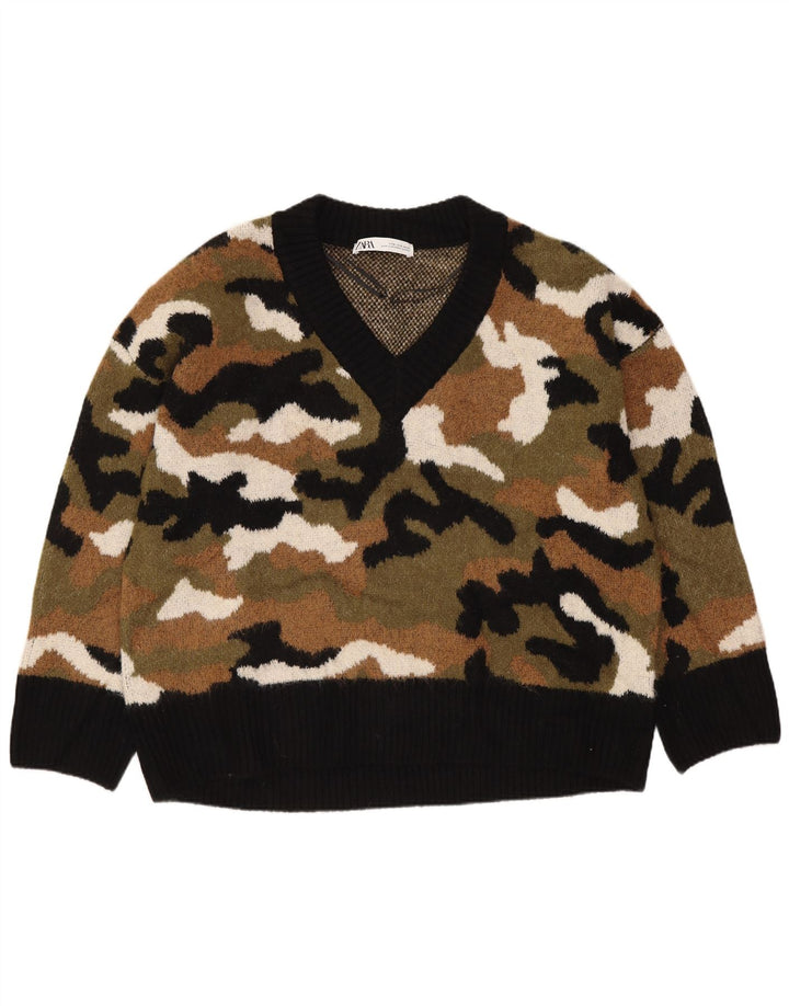 Zara Damen-Pullover mit V-Ausschnitt, Gr. 10, Größe S, mehrfarbig, Camouflage