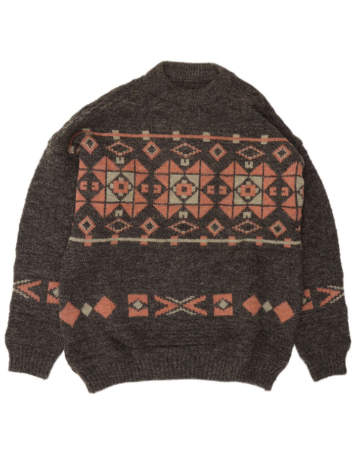 Vintage Herren Pullover mit Rundhalsausschnitt, groß, Grau, Fair Isle