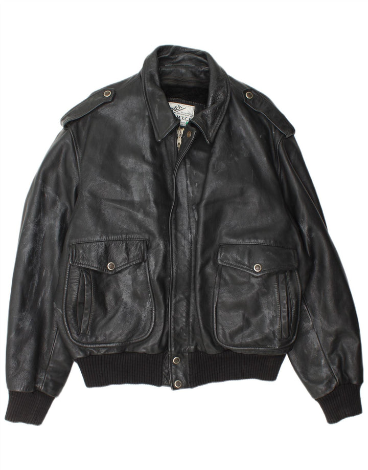 Vintage Herren Militärlederjacke IT 52 XL Schwarzes Leder