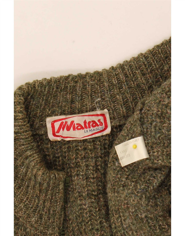 Vintage Herren-Cardigan mit durchgehendem Reißverschluss, mittelgroße Khaki-gefleckte Wolle