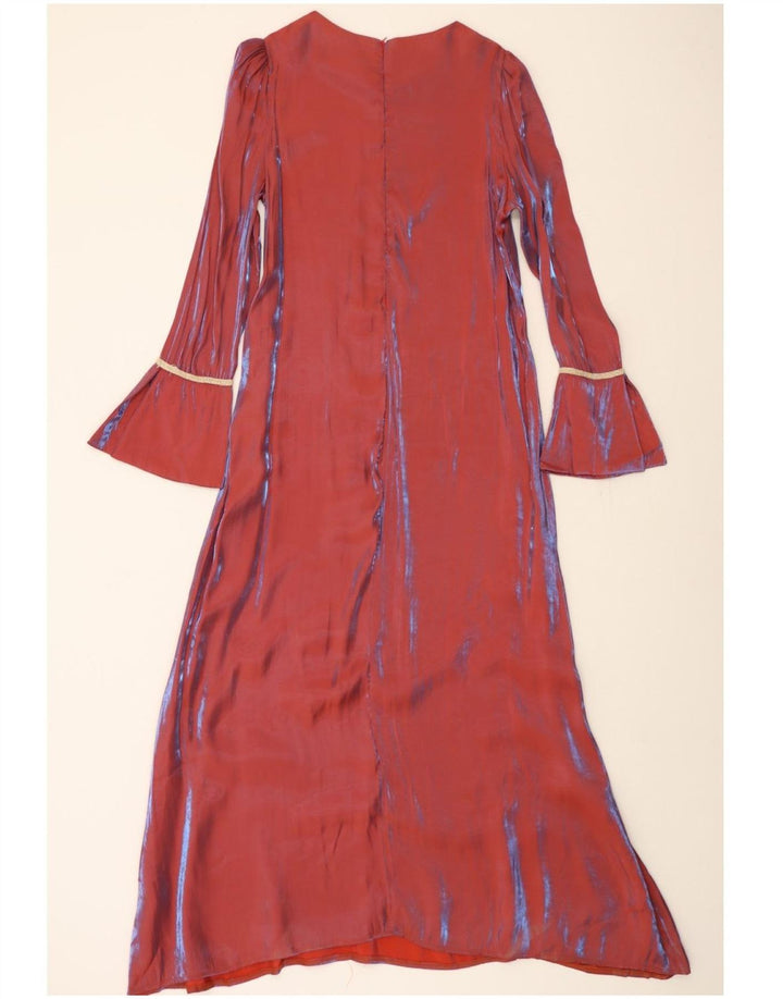 VINTAGE Damen Langarm-Maxikleid UK 14 Mittelrot gestreift