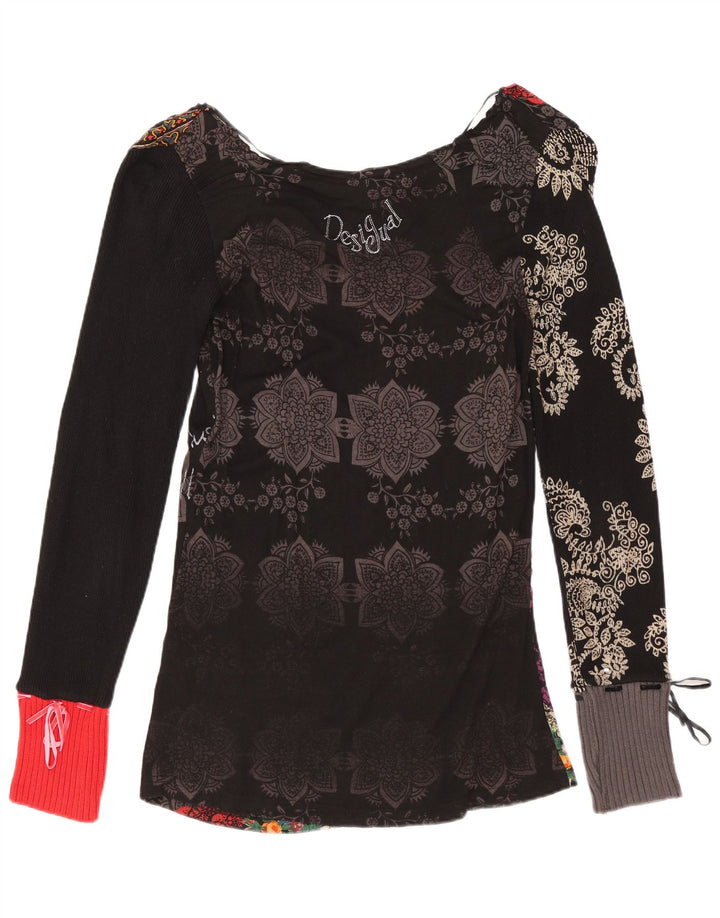 DESIGUAL Womens Graphic Top Langarm UK 12 Mittelschwarze geblümte Baumwolle