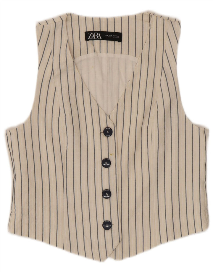Zara Damen Weste UK 12 Mittelweiß gestreifte Baumwolle