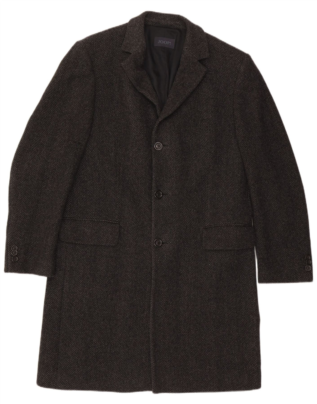 Joop Herrenmantel EU 52 XL Schwarze Wolle mit Fischgrätenmuster