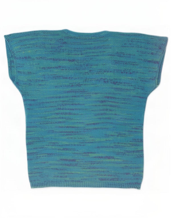 Vintage Damen Kurzärmeliger Pullover mit V-Ausschnitt UK 18 XL Blau meliert
