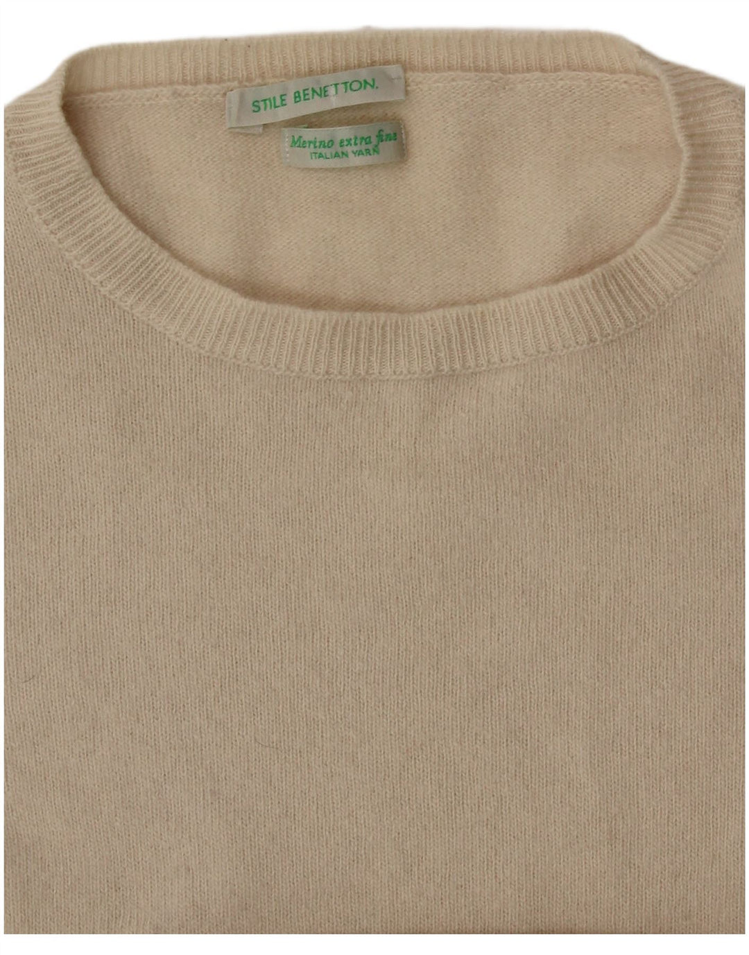 BENETTON Damen Pullover mit Rundhalsausschnitt UK 4 XS Beige Merinowolle