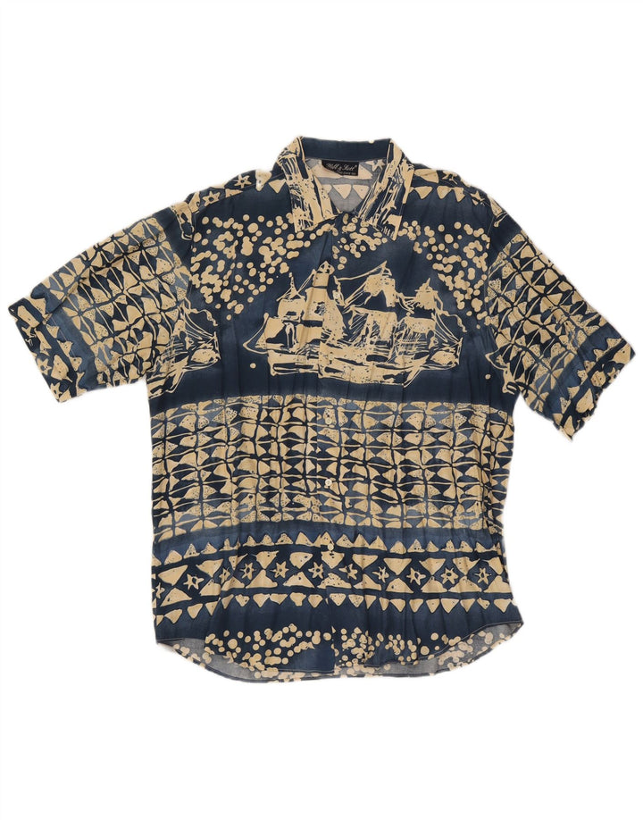 Webb&Scott Herren-Kurzarmhemd mit abstraktem Muster, groß, marineblaue Viskose
