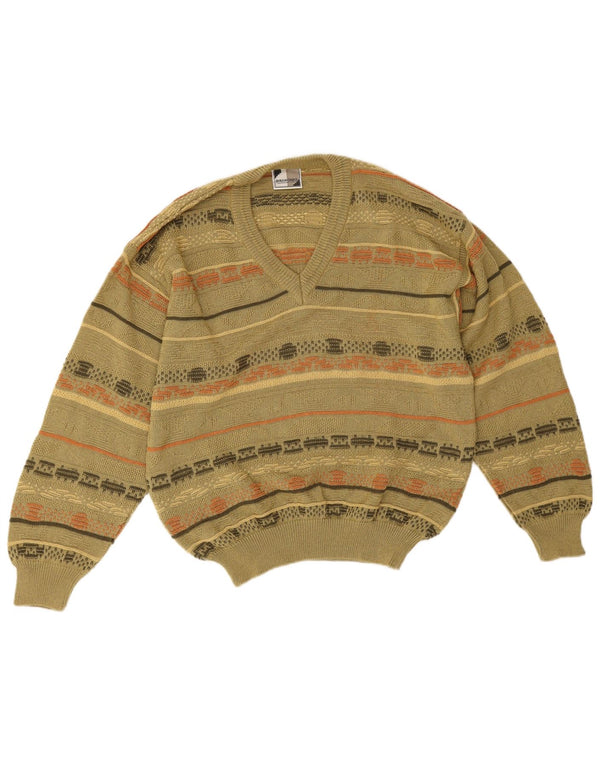 Giramondo Mens V-Neck Jumper Sweater IT 50 Medium Khaki Geometric Cotton