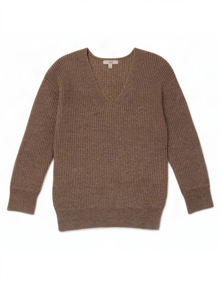 Marks & Spencer Damen-Pullover mit V-Ausschnitt, Gr. 10, Größe S, Braun, Polyester