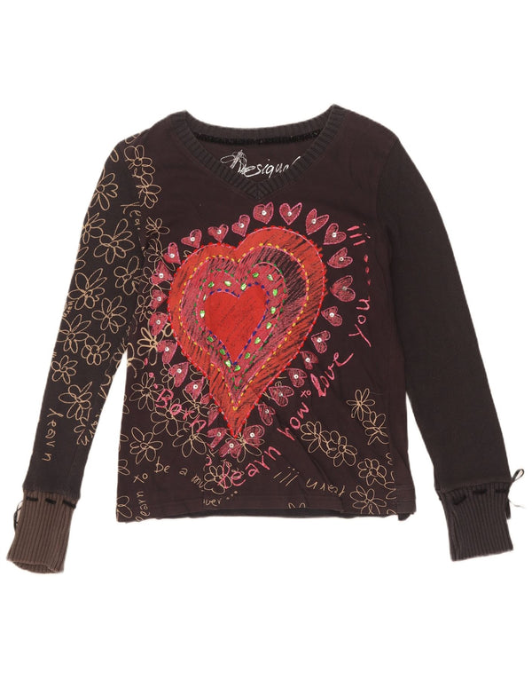 Desigual Damen Grafik-Top mit langen Ärmeln, UK 18 XL, schwarzes Blumen-Baumwollherz