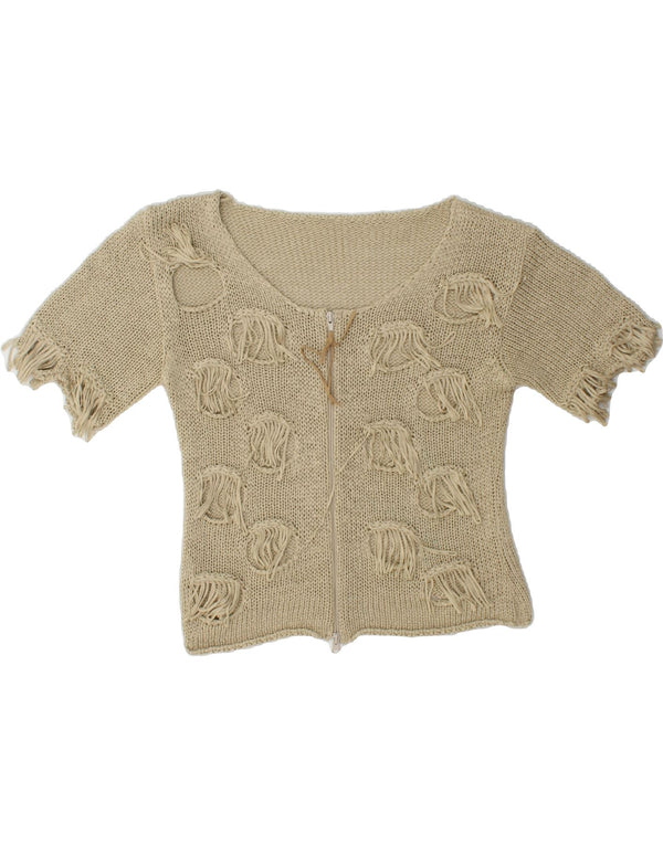 VINTAGE Damen Kurzarm-Cardigan-Pullover UK 10 Small Beige Baumwolle