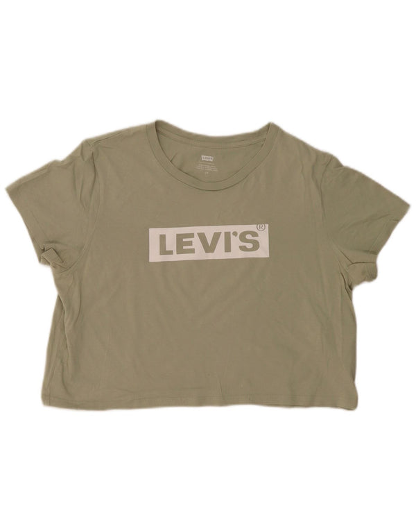 Levi's Damen Crop Graphic T-Shirt Top UK 16 Large Khaki Baumwolle
