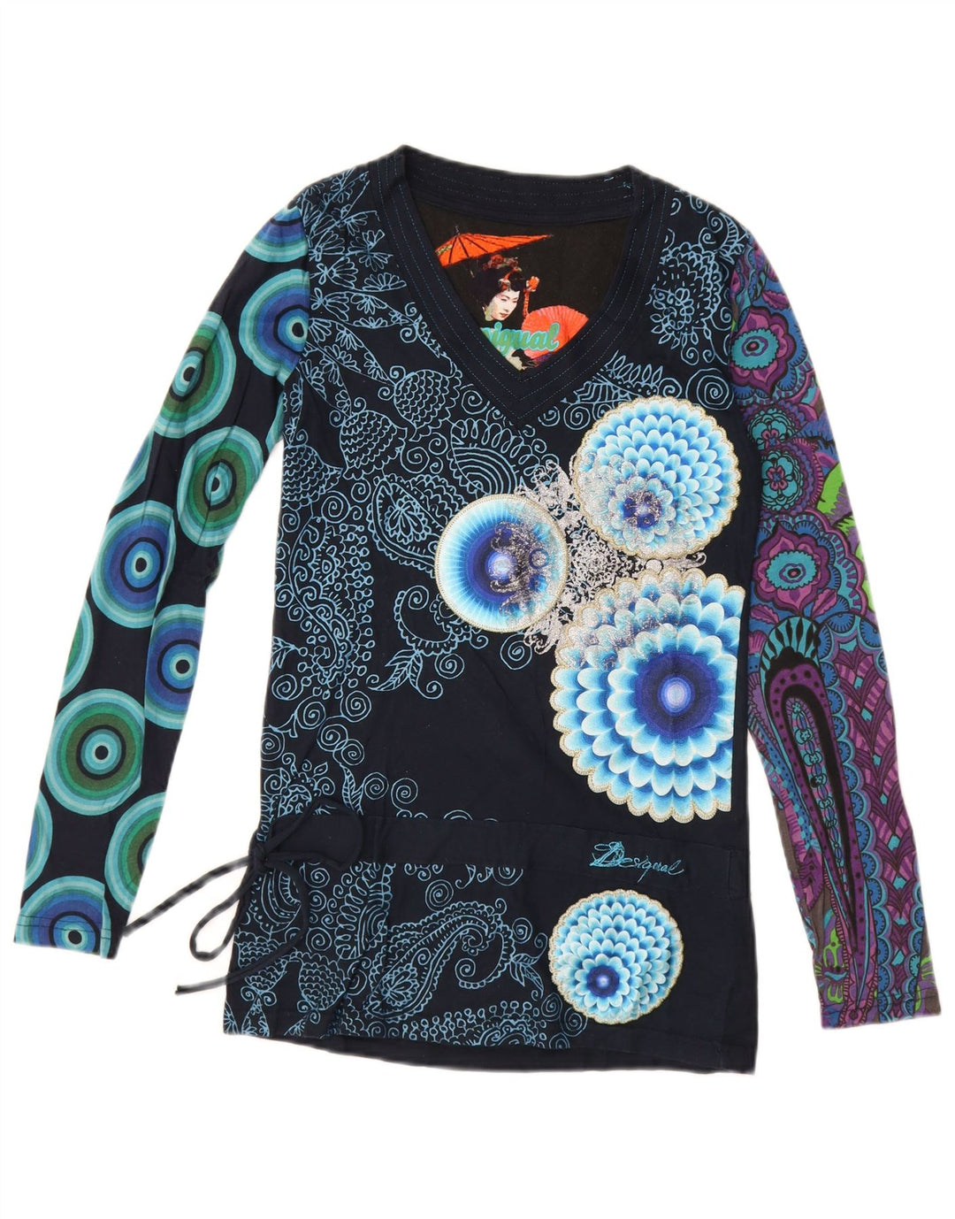 Desigual Damen Graphic Top Langarm UK 10 Small Marineblau