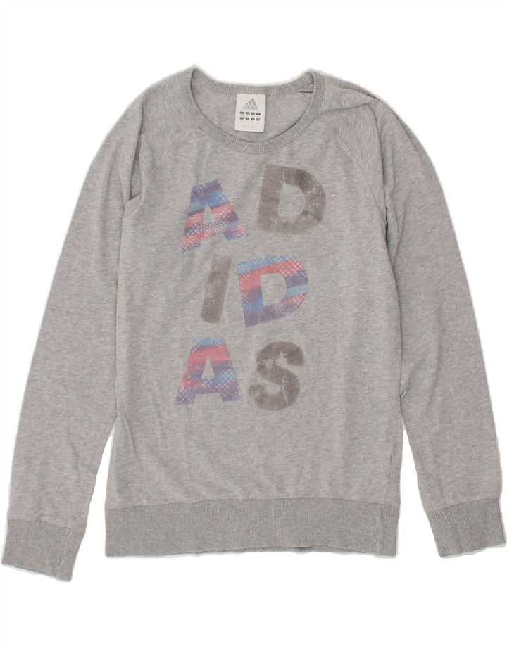 ADIDAS Girls Graphic Sweatshirt Jumper 13-14 Years Grey Vintage Adidas and Second-Hand Adidas from Messina Hembry 