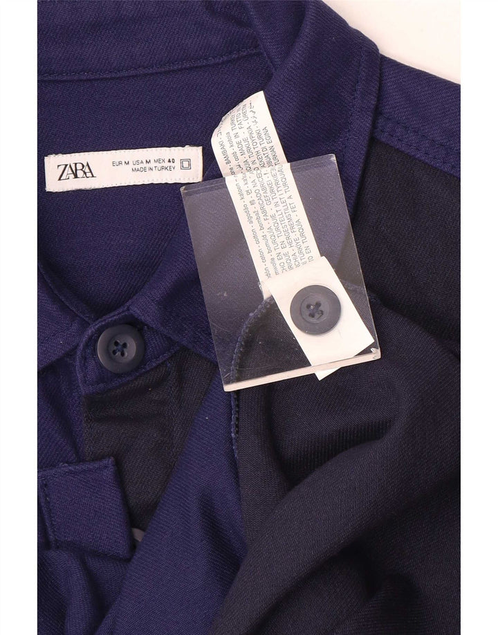 Zara Herren-Overshirt-Hemd aus mittelblauer, marineblauer Colourblock-Baumwolle