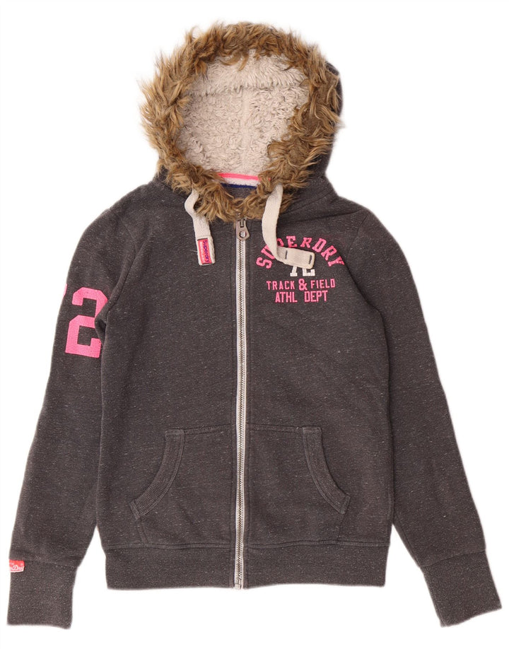 Superdry Damen-Kapuzenpullover mit grafischem Reißverschluss, Gr. 8, Grau, Baumwolle