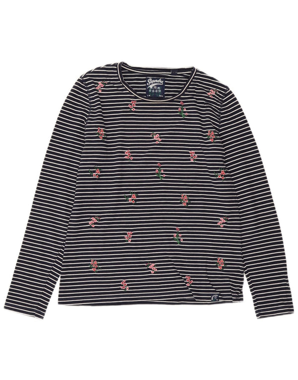 SUPERDRY Damen Top Langarm UK 10 Small Marineblau gestreift Baumwolle
