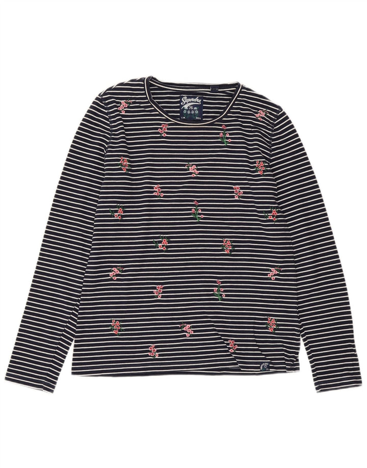 SUPERDRY Damen Top Langarm UK 10 Small Marineblau gestreift Baumwolle