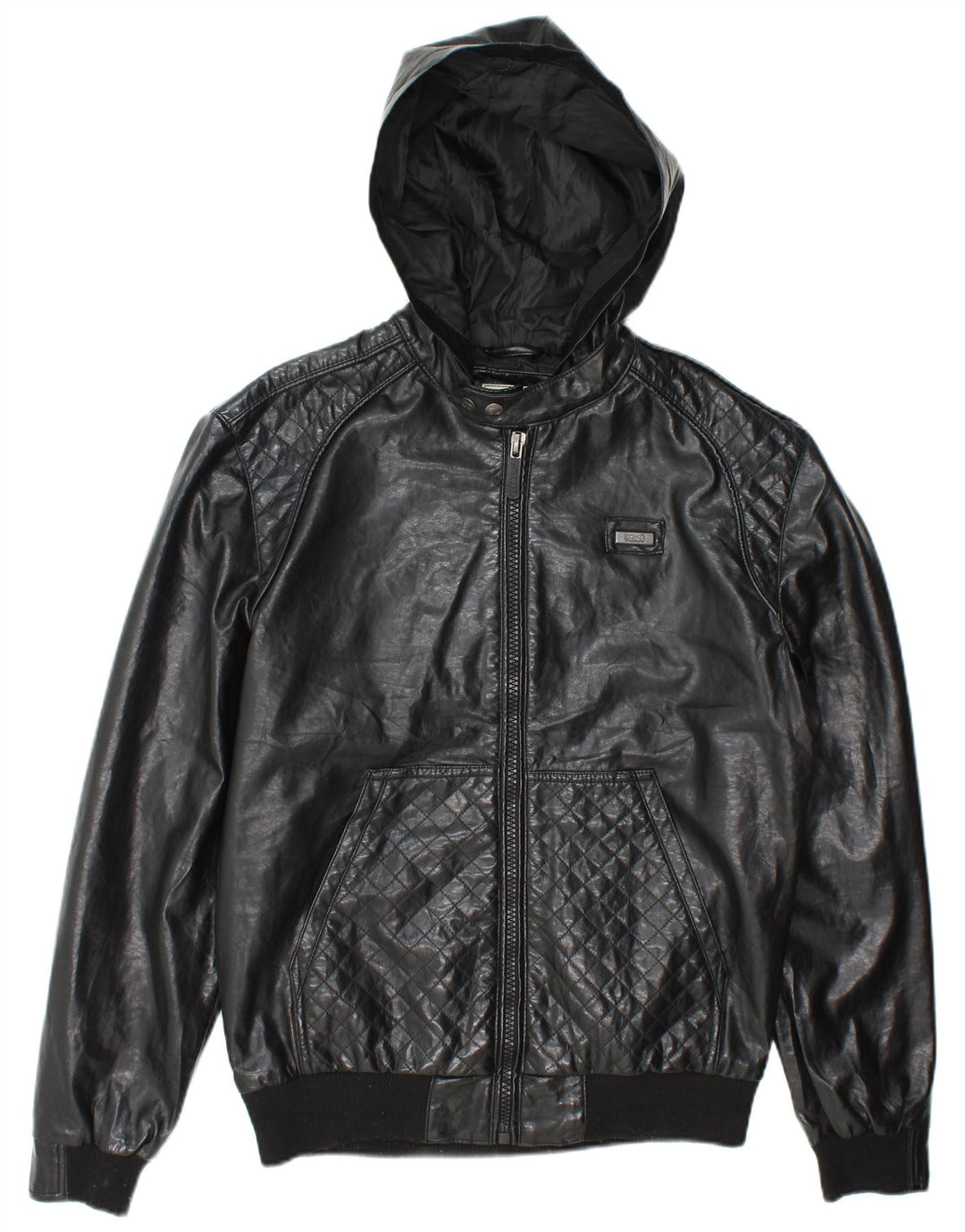 Ecko Unltd Herren-Bomberjacke aus Kunstleder mit Kapuze, UK 38, mittelschwarz