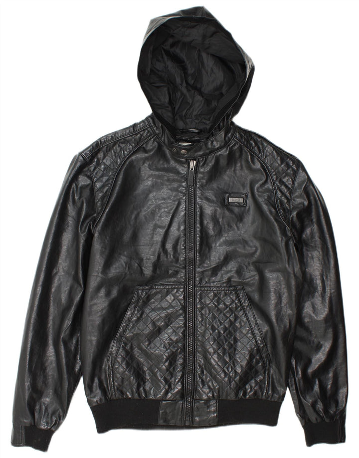 Ecko Unltd Herren-Bomberjacke aus Kunstleder mit Kapuze, UK 38, mittelschwarz