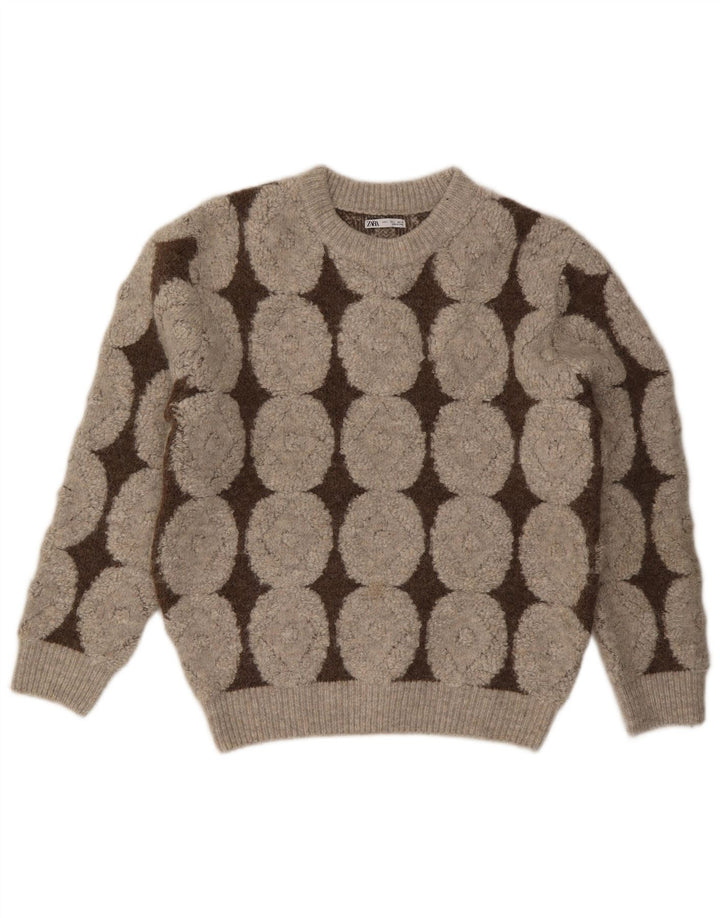 Zara Damen-Pullover mit Rundhalsausschnitt, Gr. 42, groß, beige, geometrisches Polyester