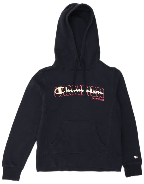 Champion Womens Graphic Hoodie Pullover UK 10 Small Marineblau