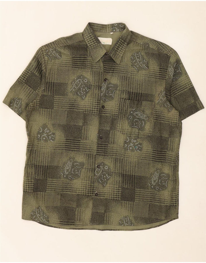 Vintage Herren abstraktes Muster Kurzarmhemd XL Khaki Viskose