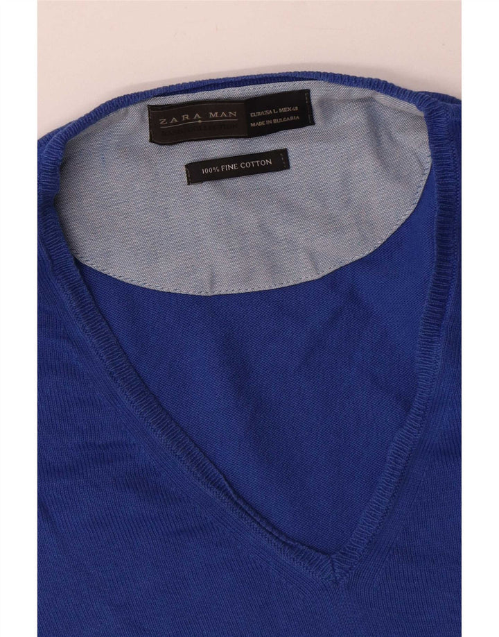 Zara Herren-Pullover mit V-Ausschnitt, groß, aus blauer Baumwolle