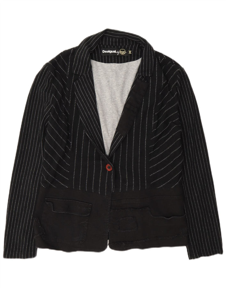 Desigual Damen 1-Knopf-Blazerjacke EU 44 XL Grau gestreifte Viskose