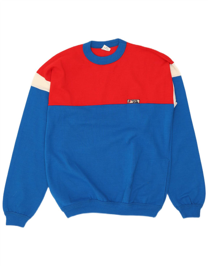 VINTAGE Herren-Pullover mit Rundhalsausschnitt, Mittelblau, Farbblock-Acryl