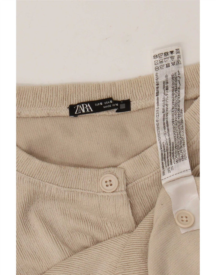 Zara Damen Crop Cardigan Pullover UK 10 Small Beige Polyester
