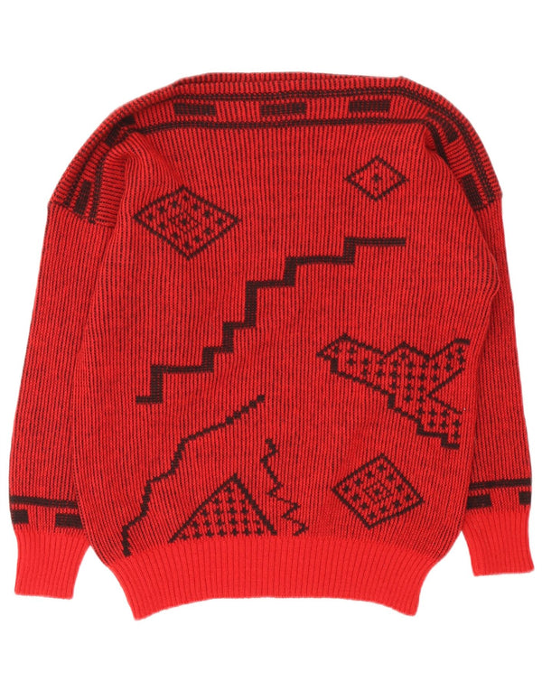 Vintage Damen Pullover mit U-Boot-Ausschnitt IT 44 Mittelrote geometrische Wolle