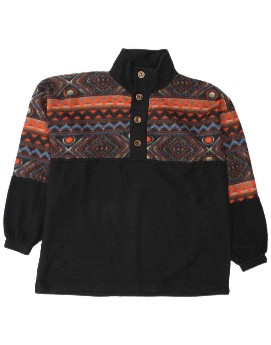 Vintage Herren-Fleecepullover mit Knopfkragen, groß, schwarz, geometrisch