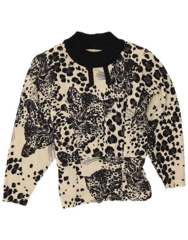 Vintage Womens Turtle Neck Jumper Sweater UK 16 Large Black Animal Print
