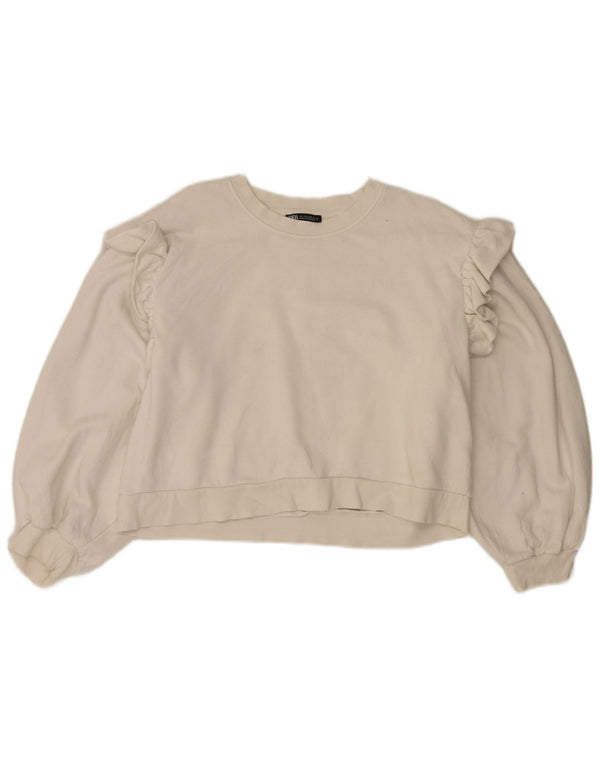 Zara Damen Crop Sweatshirt Pullover UK 16 Large Weiße Baumwolle
